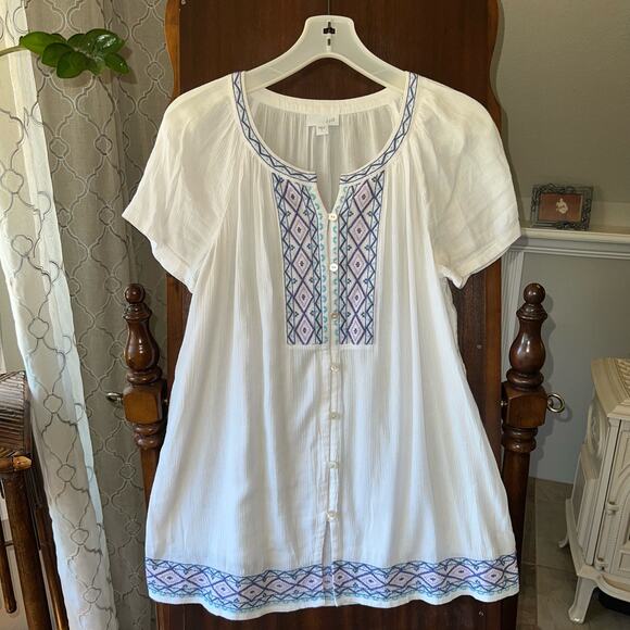 J Jill white linen button down top shirt with blue embroidery size small - Picture 1 of 8